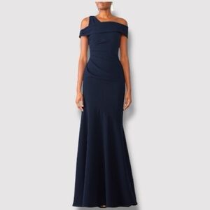 Theia Navy Blue Off-Shoulder Asymmetric Mermaid Gown- Size 2